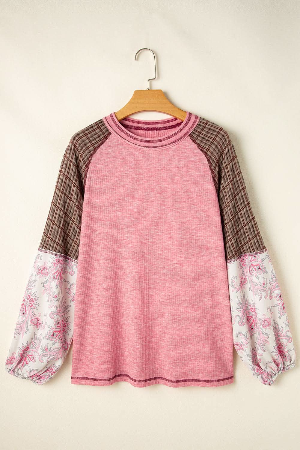 Fushia Mixed Print Patchwork Raglan Ribbed Knit Top - Love Salve 