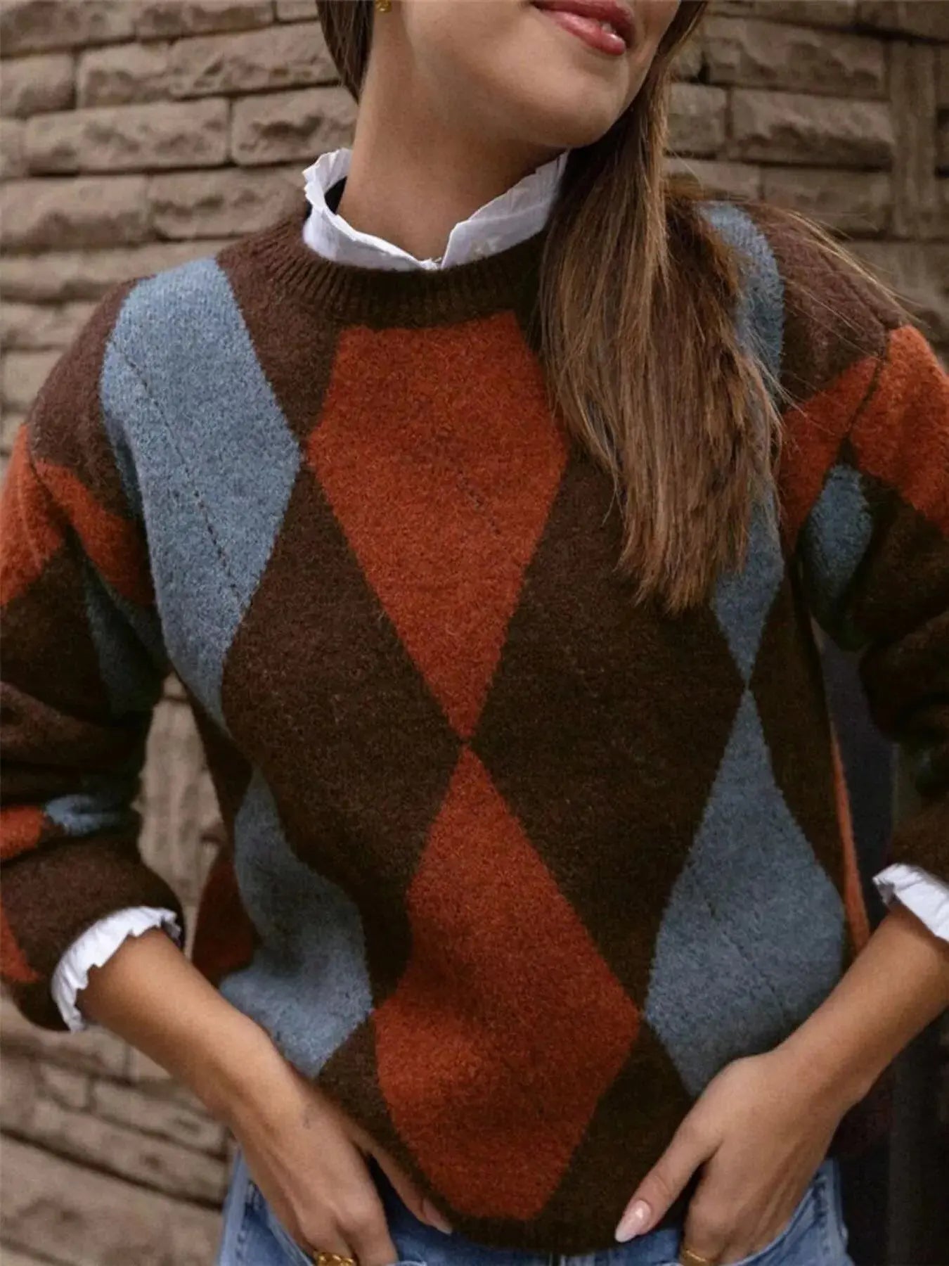 Vintage Argyle Round Neck Sweater Simply Love