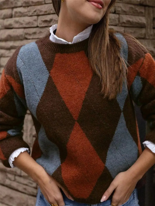 Vintage Argyle Round Neck Sweater Simply Love