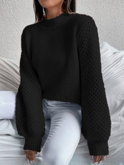 Openwork Mock Neck Long Sleeve Sweater.