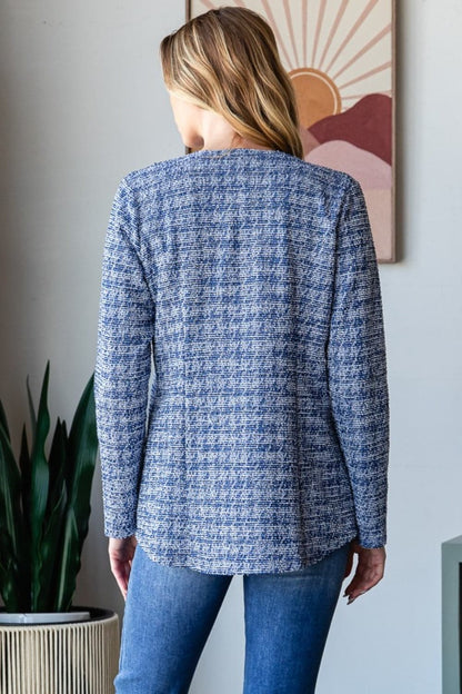 Chic houndstooth tweed open front blazer for effortless style