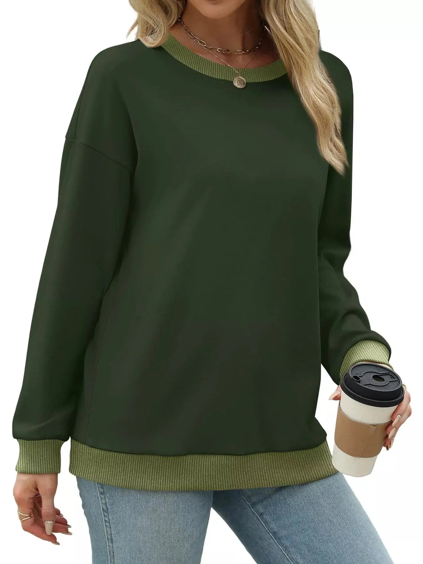 Contrast Trim Crew Neck Casual Sweatshirt Simply Love