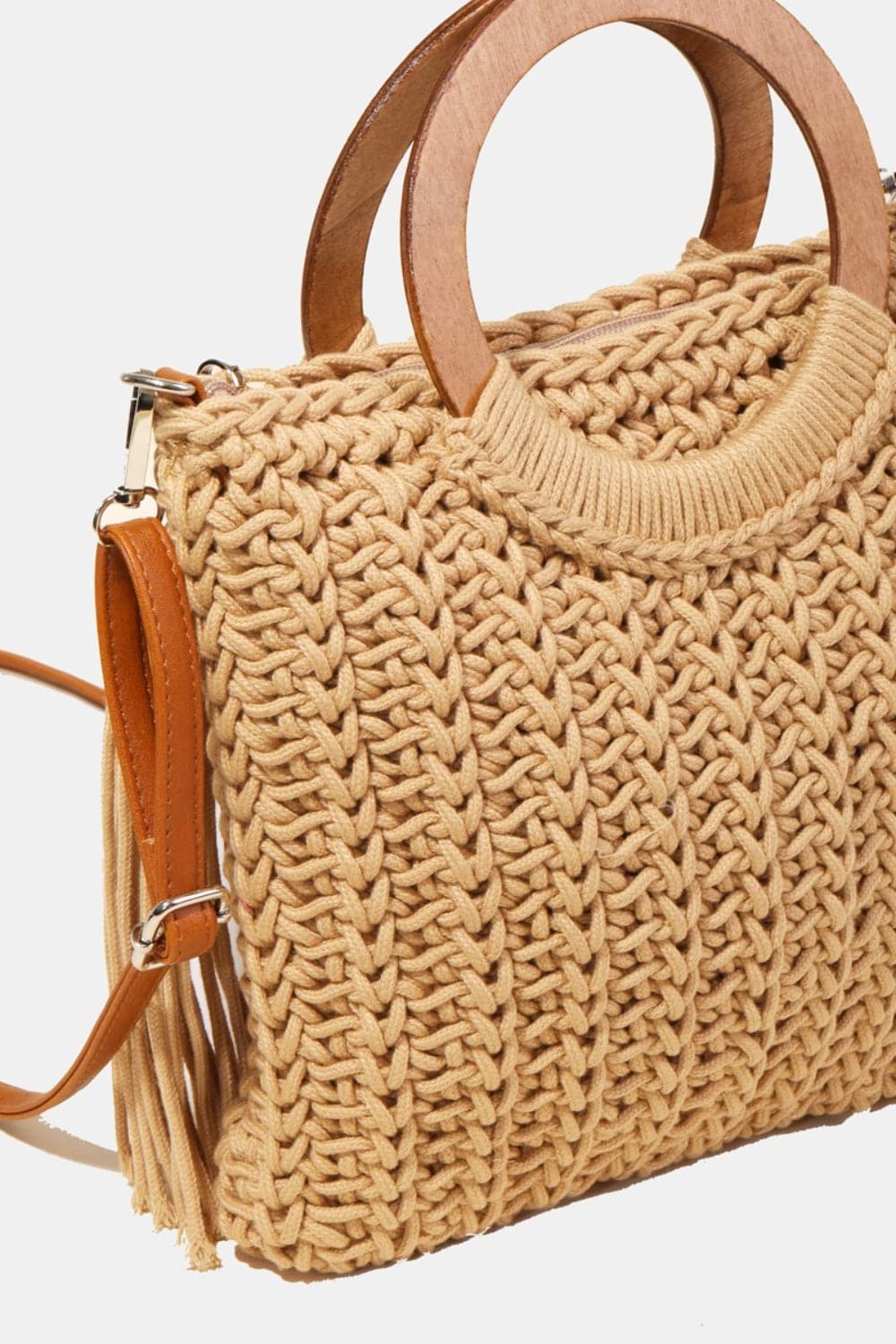 Fame Crochet Knit Convertible Tote Bag with Tassel.