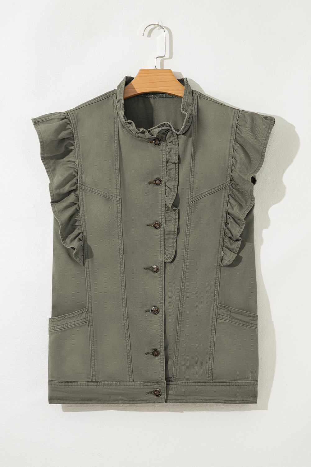 Green Bay Ruffled Patchwork Denim Jacket Vest For Women