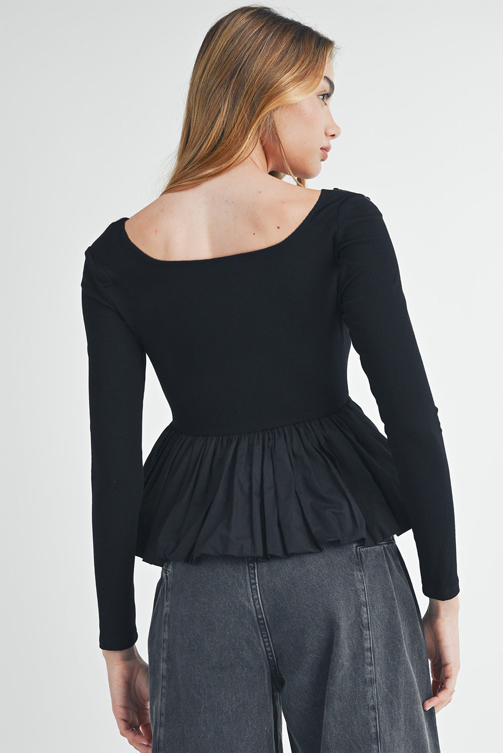 Black Ribbed Knit Long Sleeve Scoop Neck Peplum Patchwork Top