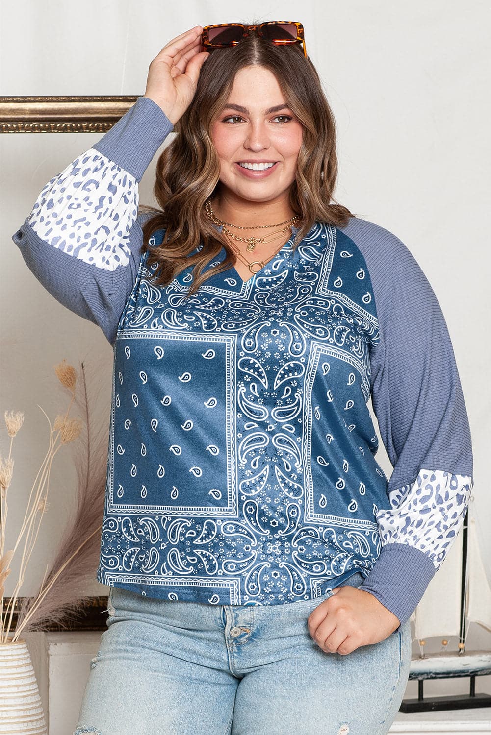 Plus Size V-Neck Printed Raglan Sleeve Blouse.