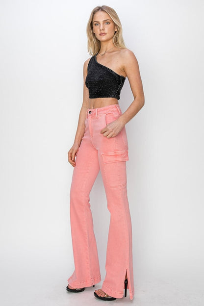 RISEN Full Size High Rise Side Slit Cargo Bootcut Jeans.