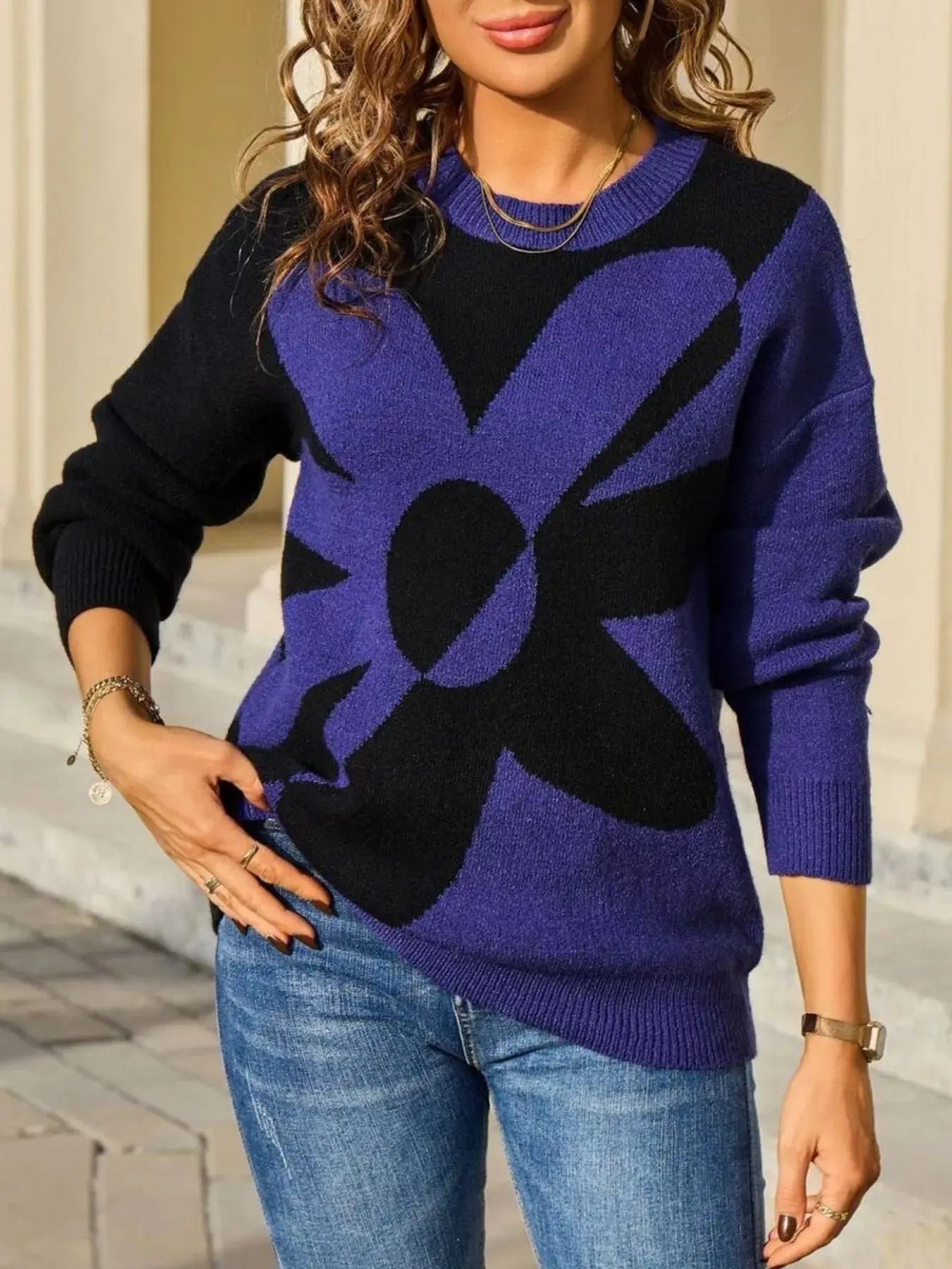 Floral Pattern Color Block Sweater Simply Love