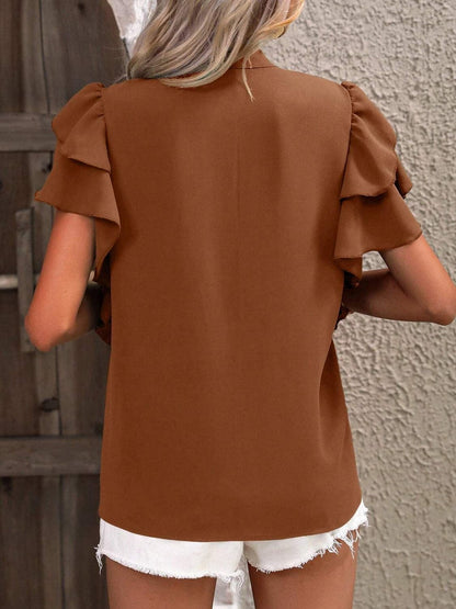 Ruffled Notched Short Sleeve Blouse.