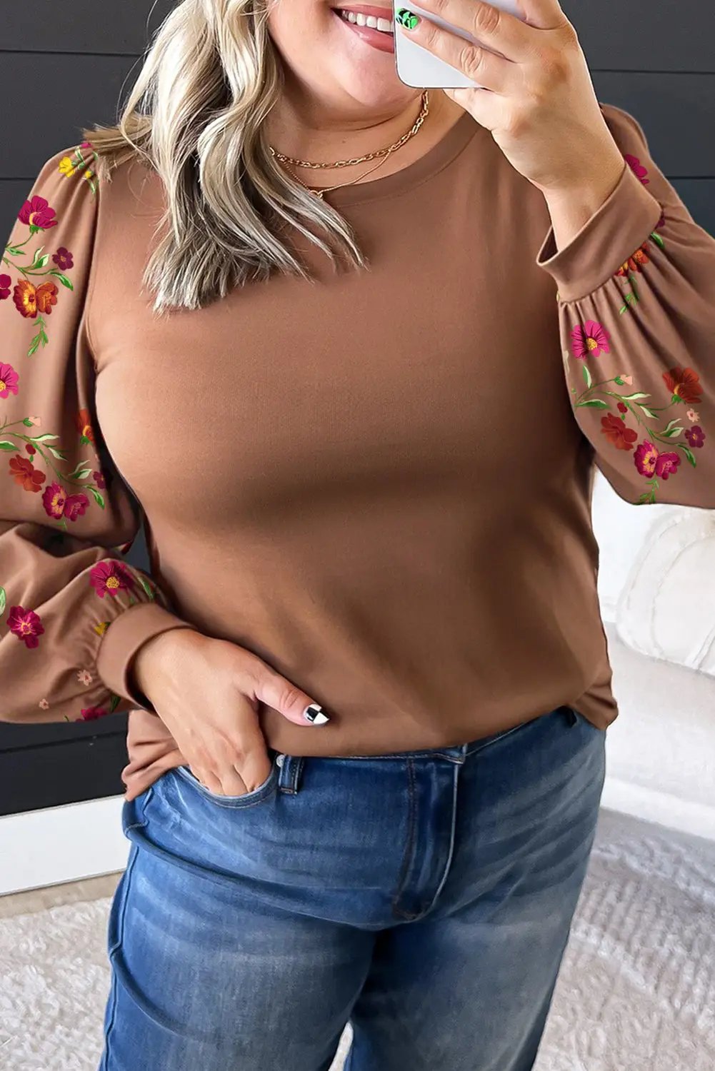 Brown Floral Sleeve Patchwork Round Neck Plus Size Blouse Dear-Lover Dropshipping