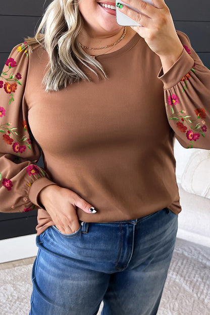 Brown Floral Sleeve Patchwork Round Neck Plus Size Blouse