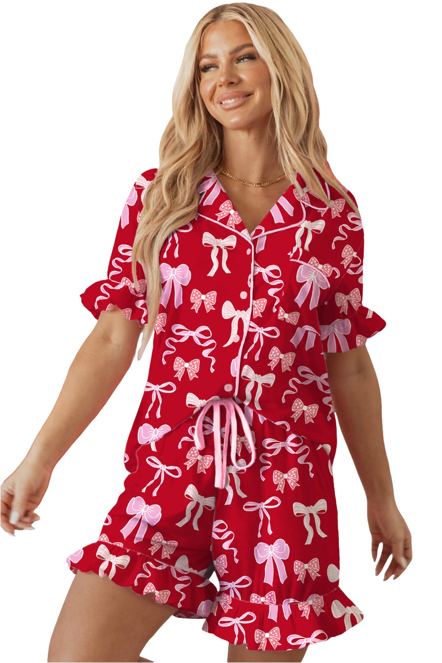 Red Sweet Bow Print Ruffled Short Sleeve Shirt Shorts Two Piece Pajama Set Dear-Lover Dropshipping