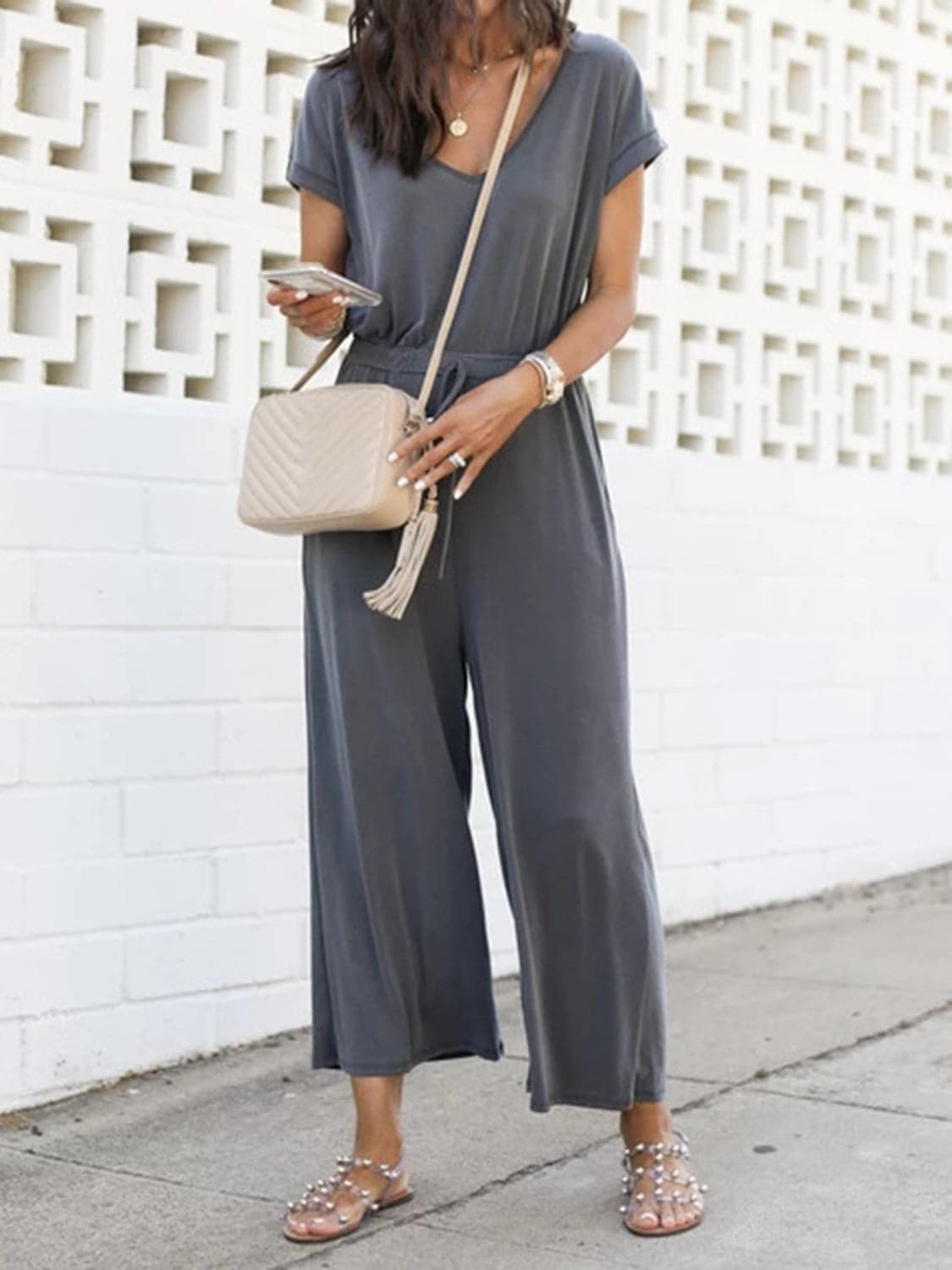 V-Neck Short Sleeve Jumpsuit.