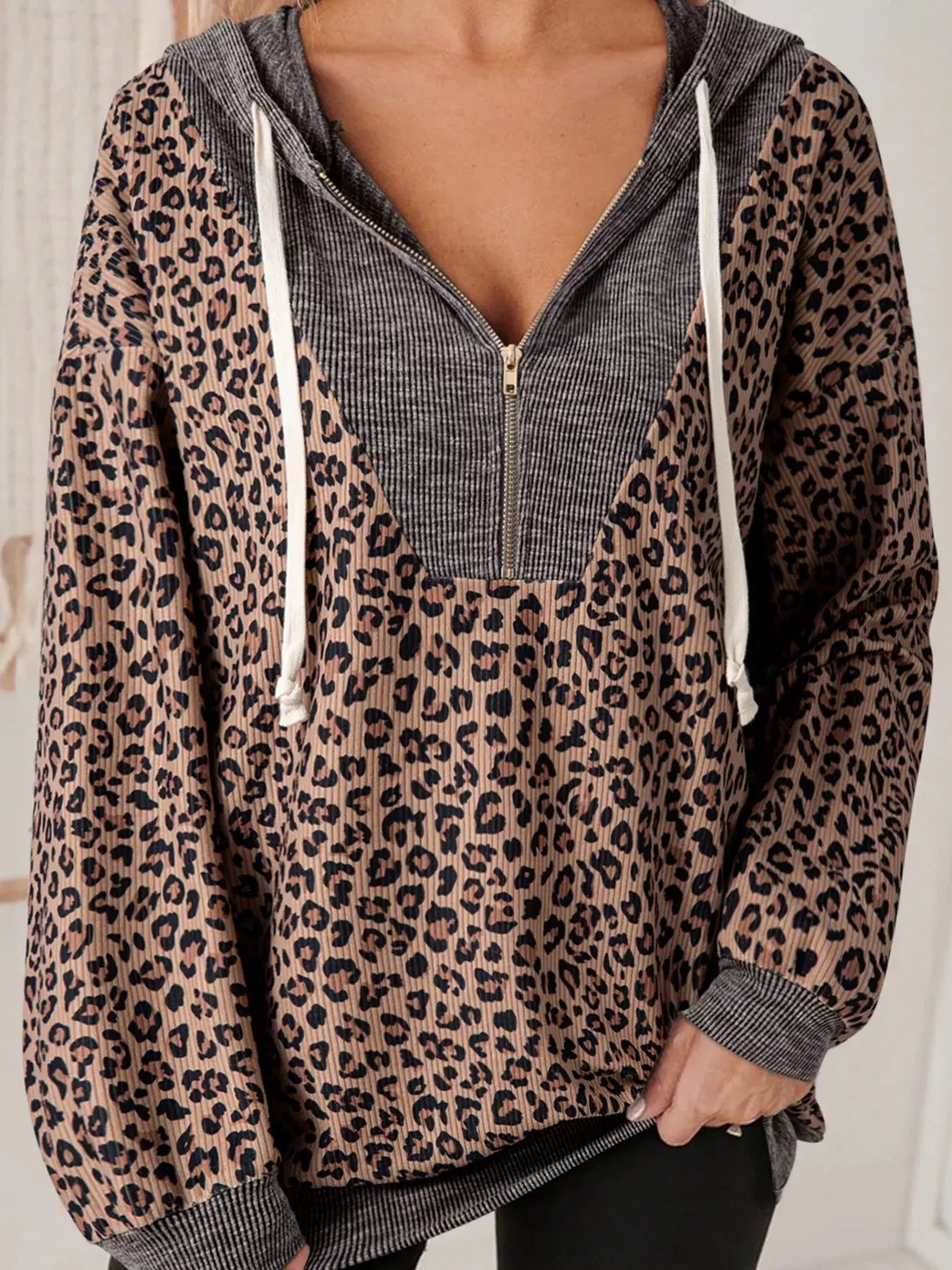 Ribbed Leopard Print Contrast Collar Zip Hoodie Simply Love