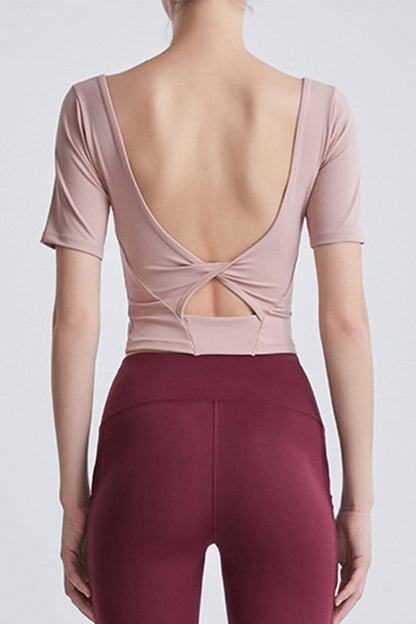 Cutout Backless Round Neck Active T-Shirt.