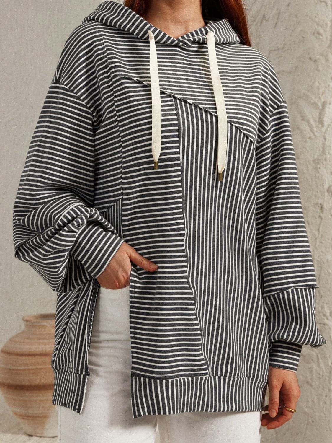 Chic striped long sleeve hoodie with drawstring and slit detail