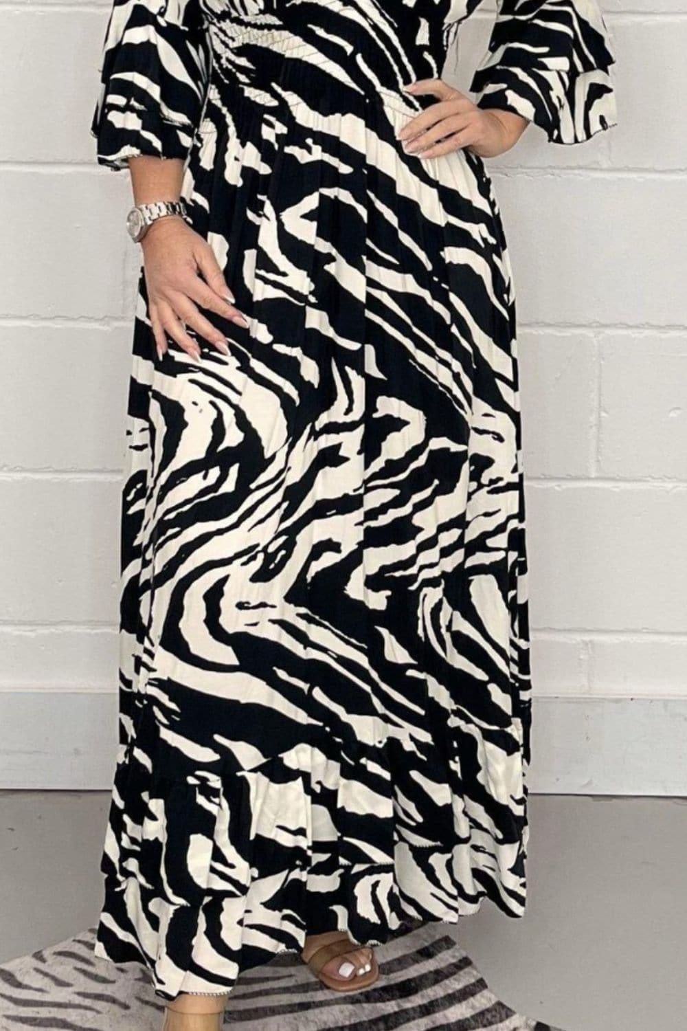 Smocked Printed Flounce Sleeve Maxi Dress.