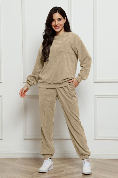 Corduroy Round Neck Sweatshirt and Sweatpants Set.