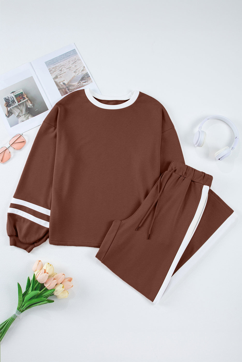 Chestnut Varsity Stripe Puff Sleeve Pullover Drawstring Wide Leg Pant Set Dear-Lover Dropshipping