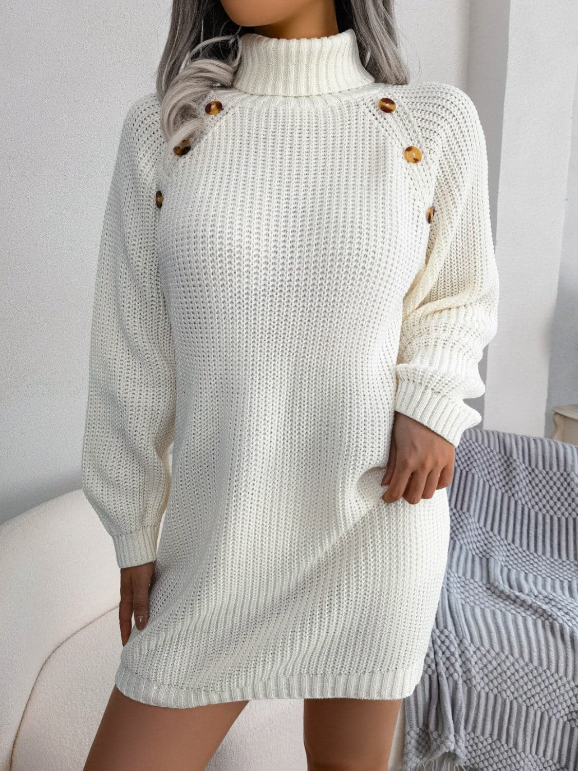 Decorative Button Turtleneck Sweater Dress.