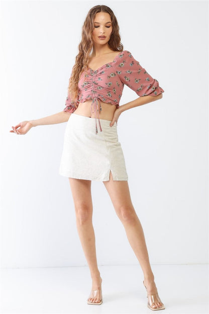 Miss Love / Kevin Co. Floral Ruffle Smocked Back Ruched Crop Top.