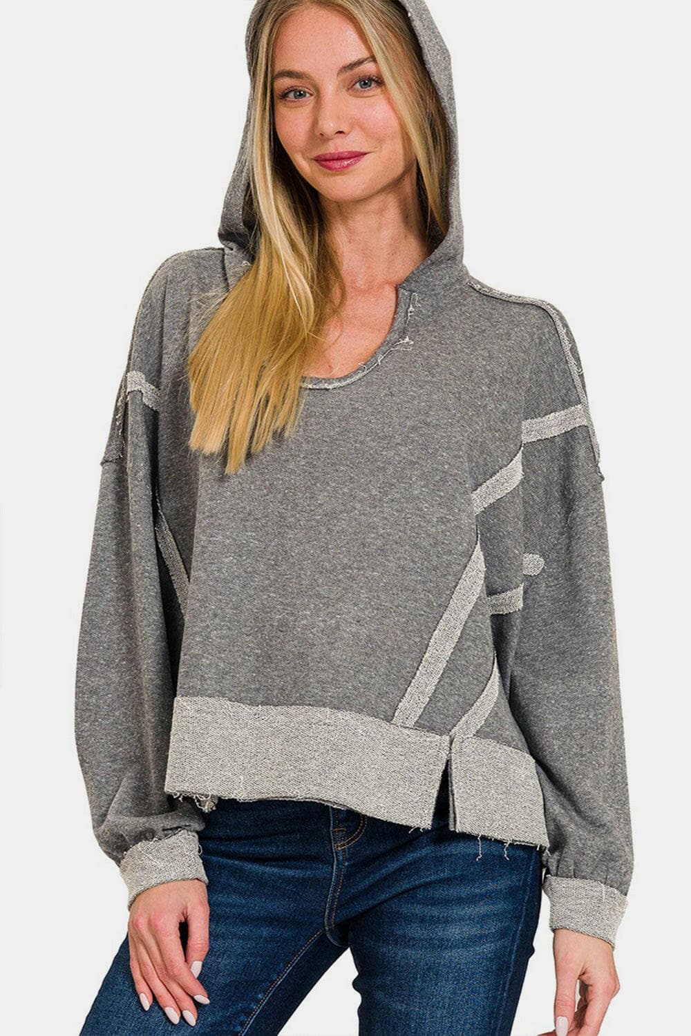 Zenana Contrast Trim Slit Hoodie.