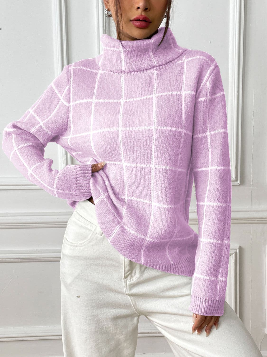 Cozy plaid turtleneck sweater with long sleeves