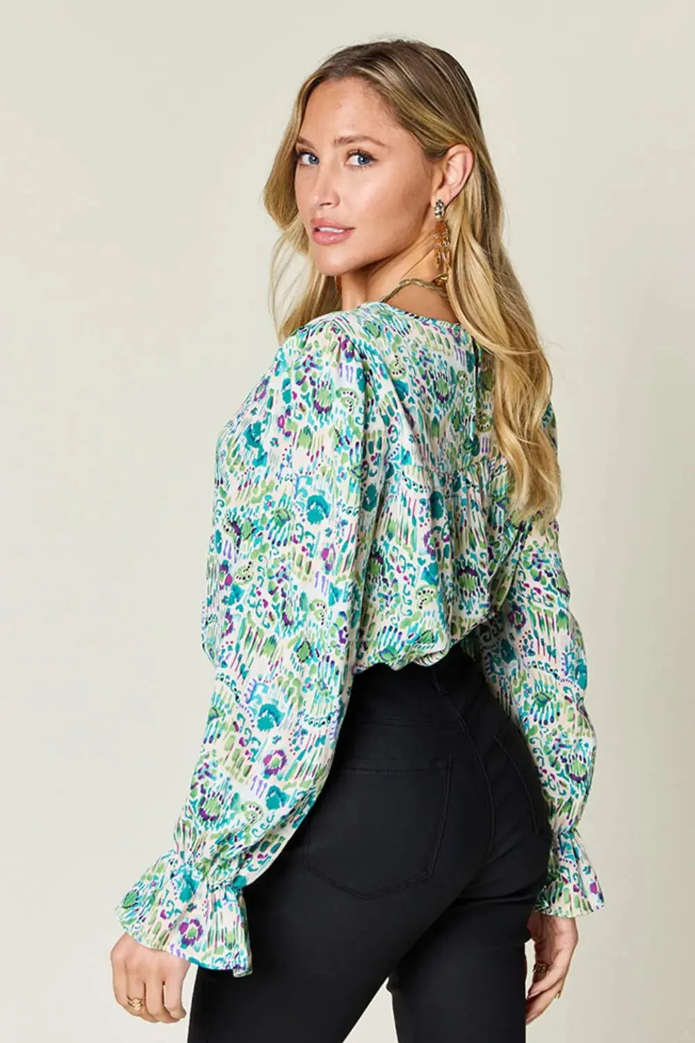 Double Take Full Size Printed Flounce Sleeve Blouse - Love Salve