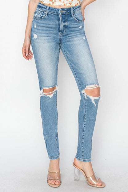 Risen Full Size High Rise Knee Distressed Skinny Jeans.