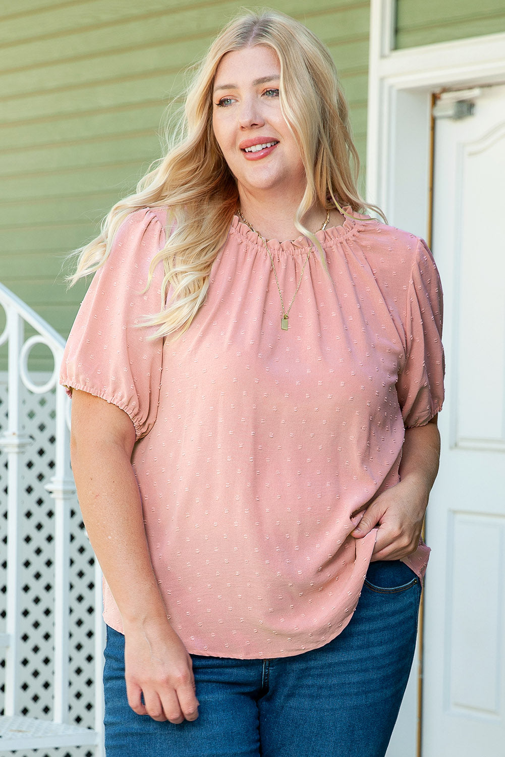 Chic pink plus size dot puff sleeve top