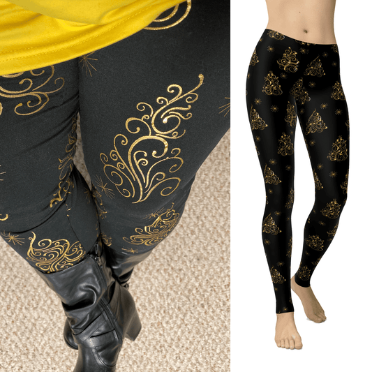 Black & Gold Christmas Tree Leggings with Pockets MM