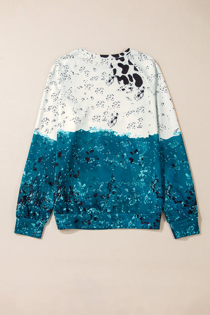 Chic blue tie dye cow print color block sweatshirt