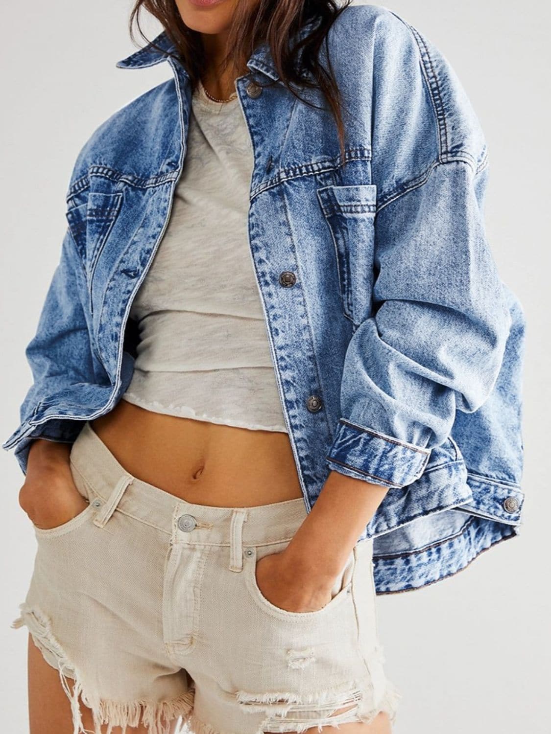 Pocketed Button Up Denim Jacket.