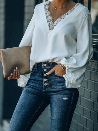 Lace Detail V-Neck Long Sleeve Blouse.