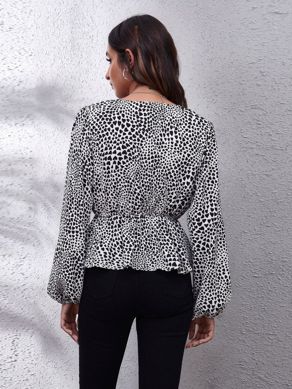 Ruched Printed V-Neck Long Sleeve Blouse.