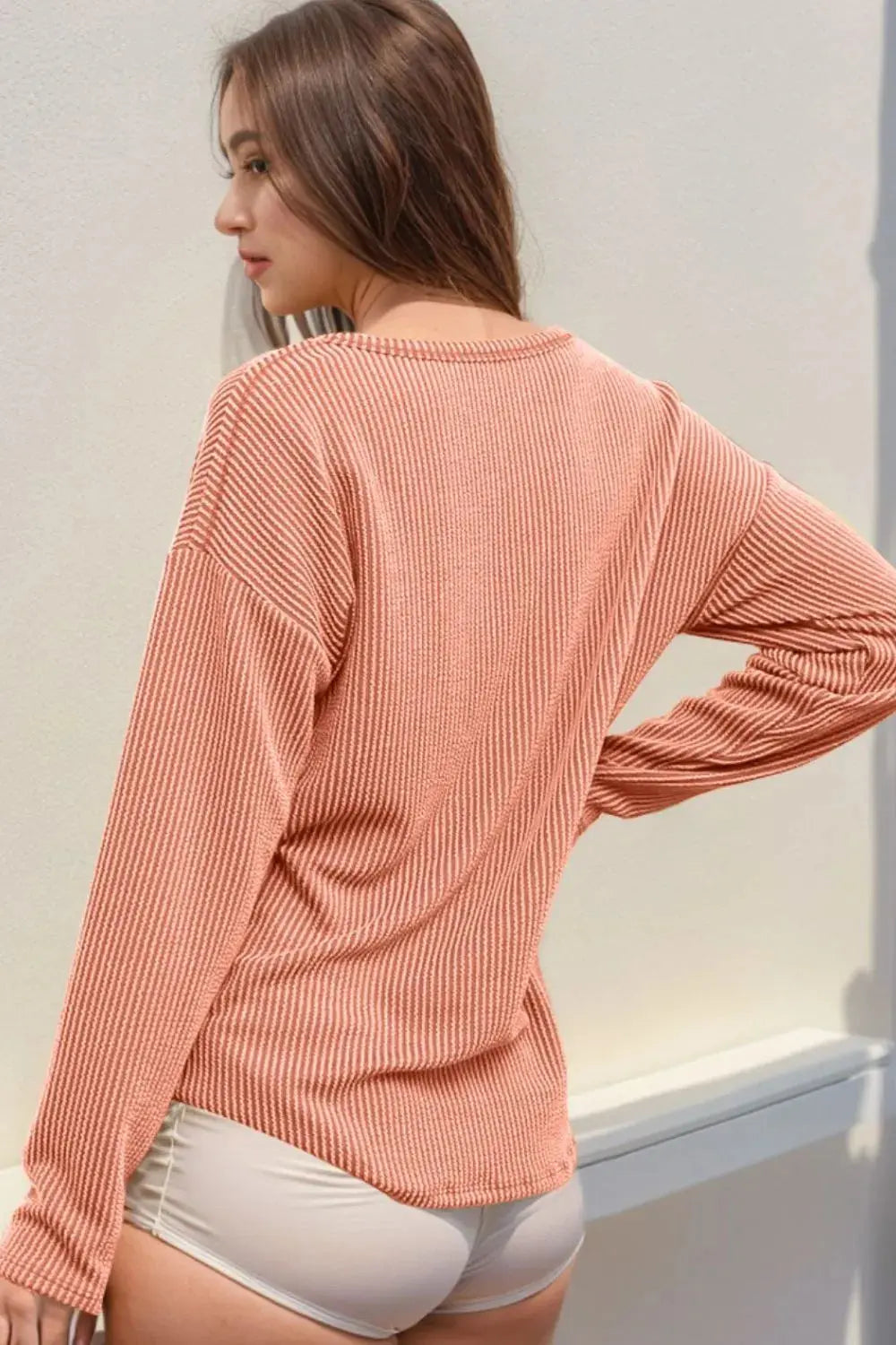 Double Take Striped Notched Long Sleeve T-Shirt - Love Salve