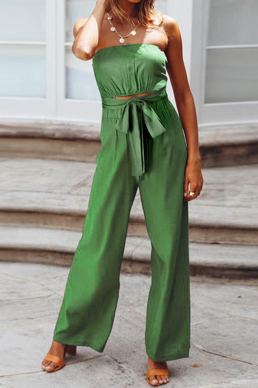 Tied Cutout Tube Wide Leg Jumpsuit.