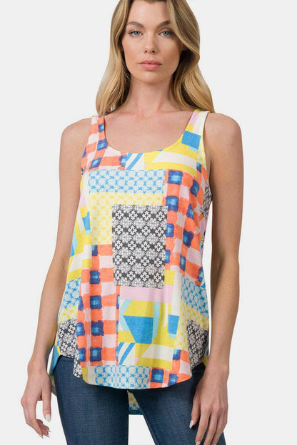 Zenana Printed Round Neck Curved Hem Tank.