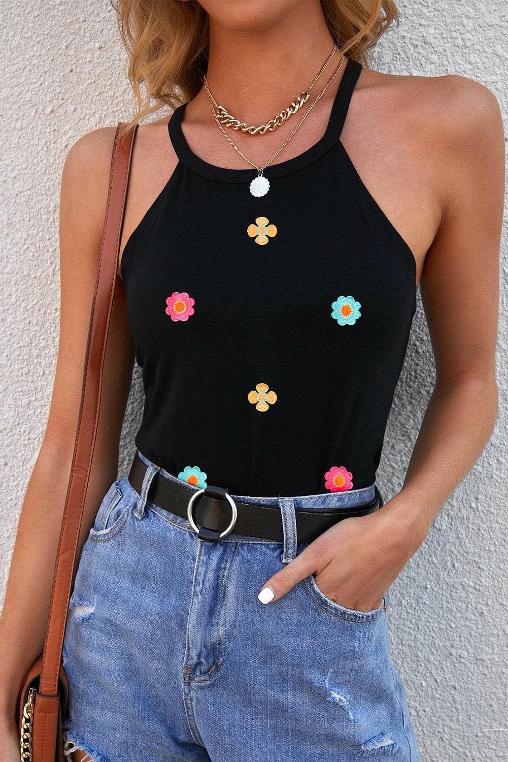 Floral Embroidery Grecian Neckline Tank Top.