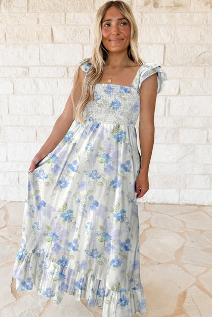 Sky Blue Floral Smocked High Waist Ruffle Sleeveless Dress