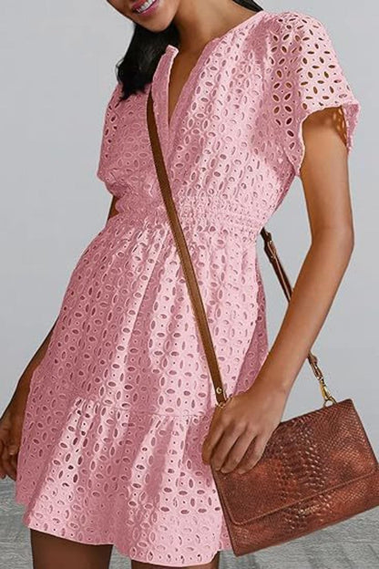 Sheer eyelet mini dress with sleeves