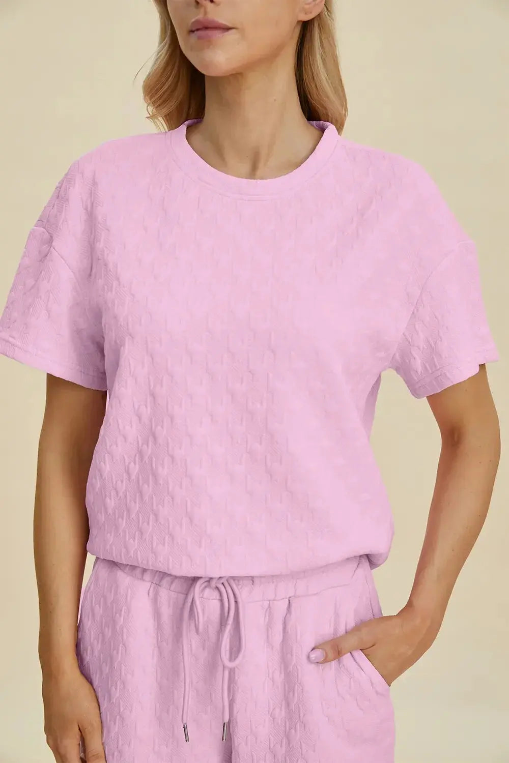 Double Take Full Size Texture Round Neck Short Sleeve Top and Pants Set - Love Salve