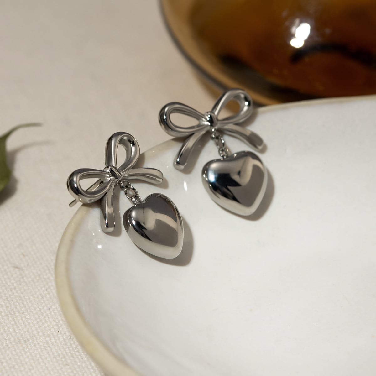 Stainless Steel Bow & Heart Drop Earrings.