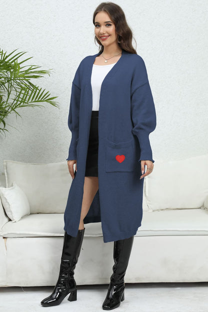 Lantern Sleeve Open Front Pocketed Cardigan.