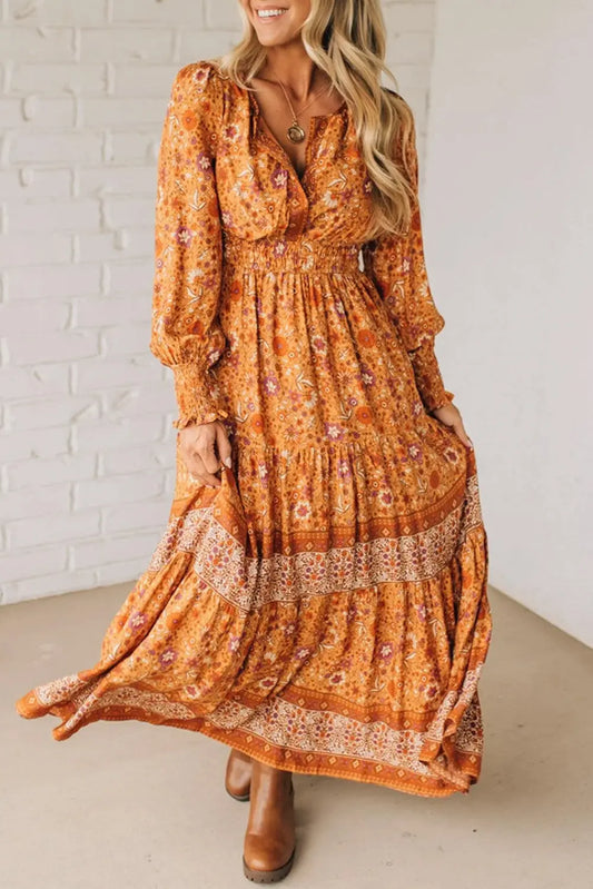 Orange Floral Print Smocked Waist Long Sleeve Boho Maxi Dress Dear-Lover Dropshipping
