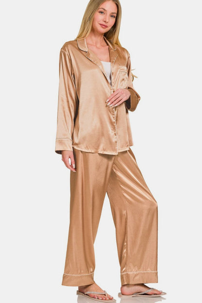 Satin Luxe Long Sleeve Pajama Set with Comfort Fit Pants