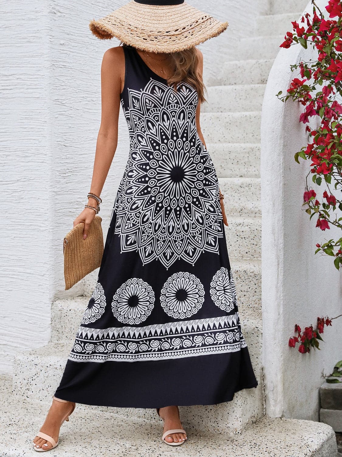 Printed Round Neck Sleeveless Dress.