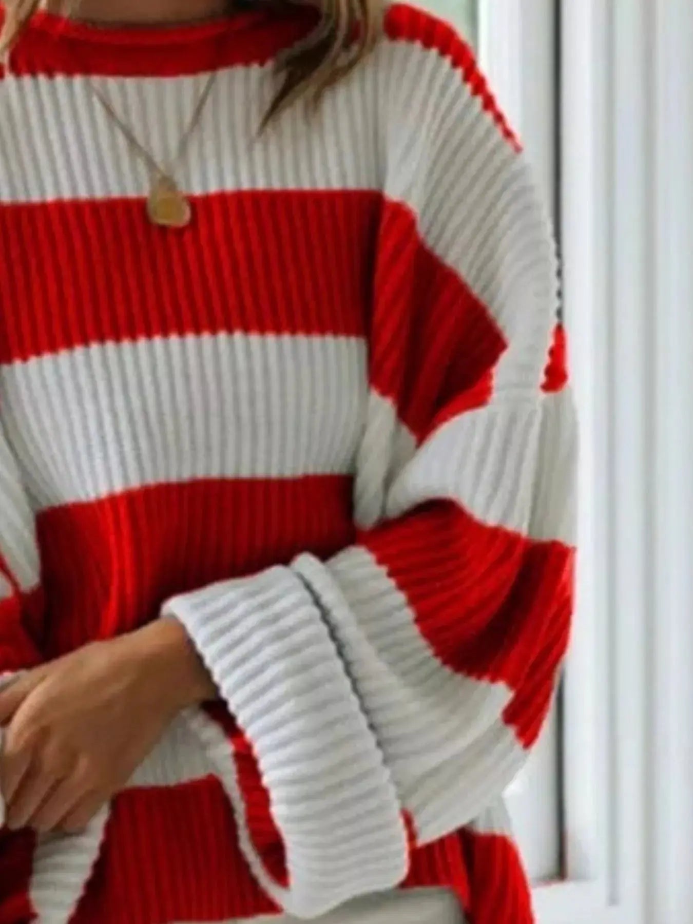 Full Size Contrast Striped Round Neck Sweater Plus Size Simply Love