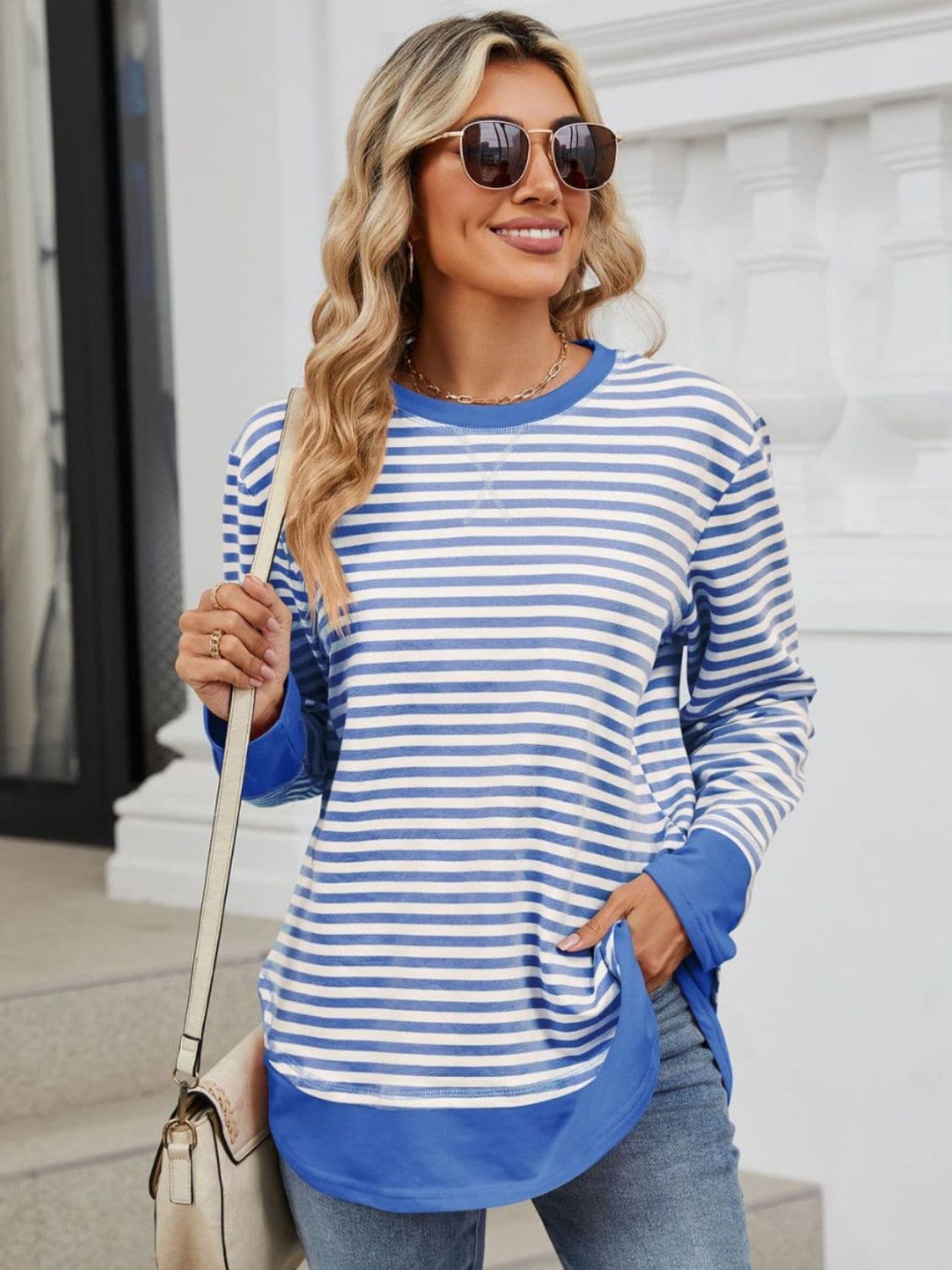 Striped Round Neck Long Sleeve Sweatshirt.