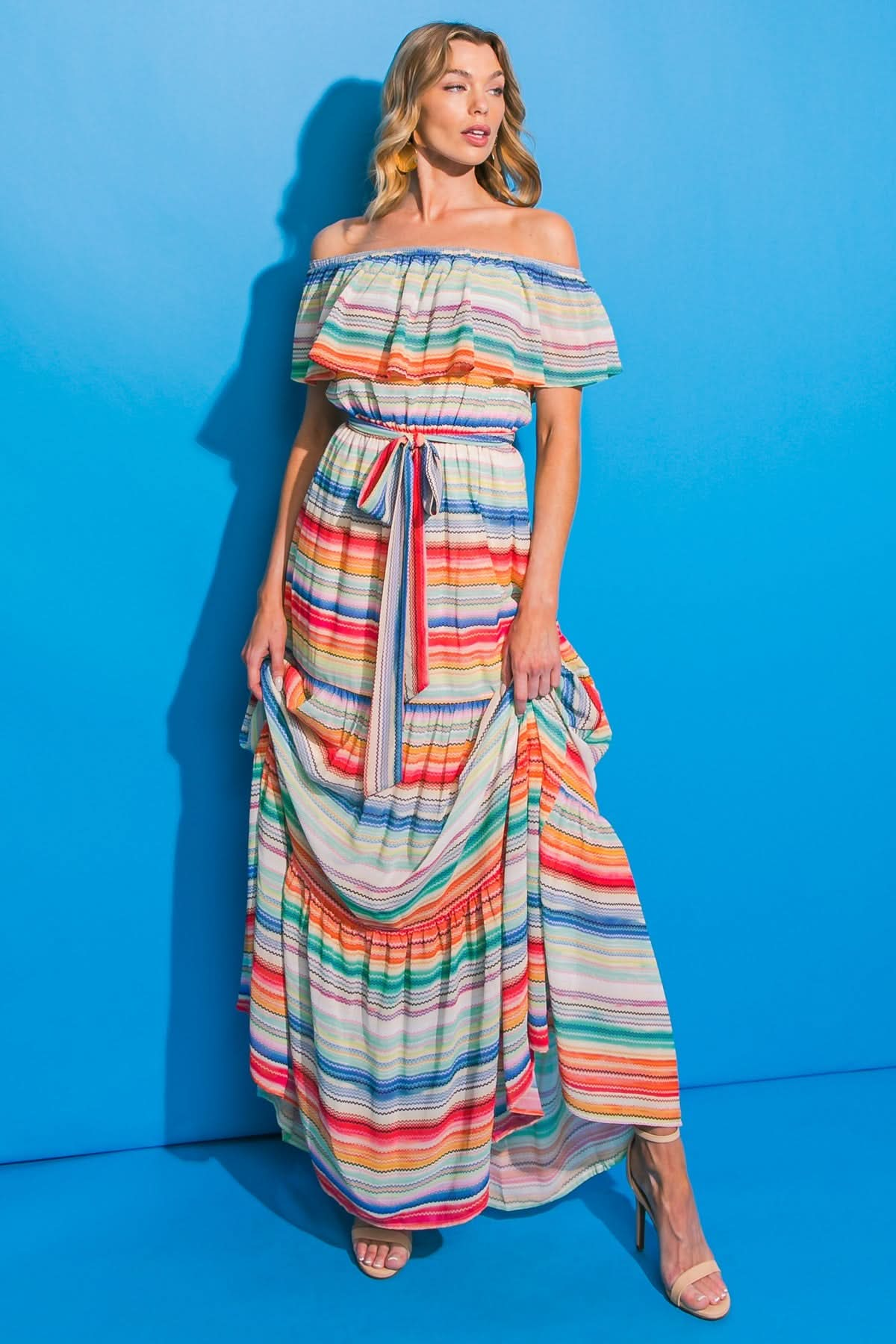 GLOBAL EXPLORER OFF-SHOULDER MAXI DRESS